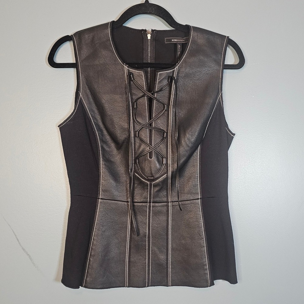 BCBGMAXAZRIA Faux Leather Lace Up Front Peplum Top Black Contrast Stitch Small